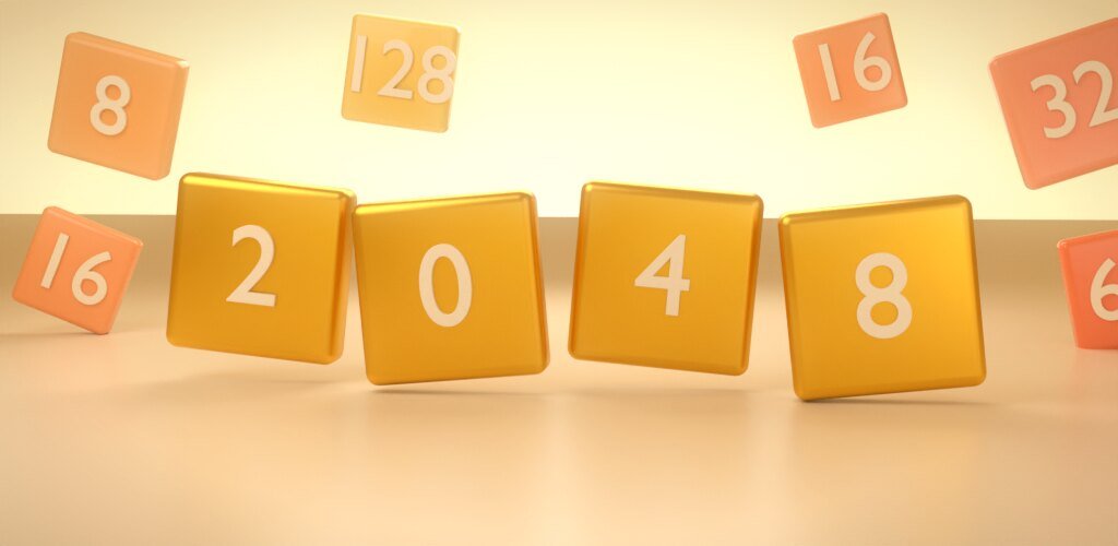 2048 gameplay — glossy 3D numbered tiles