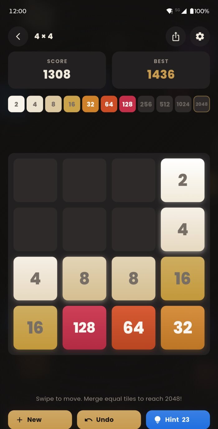 A 4×4 game in progress with the tile ramp, score and Undo and Hint controls