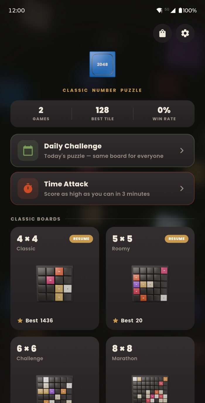 Home screen showing Daily Challenge and Time Attack above the four classic board sizes