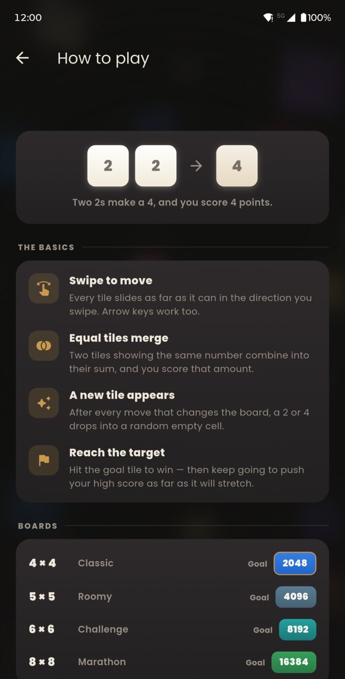 The How to Play guide explaining merges, modes and board goals